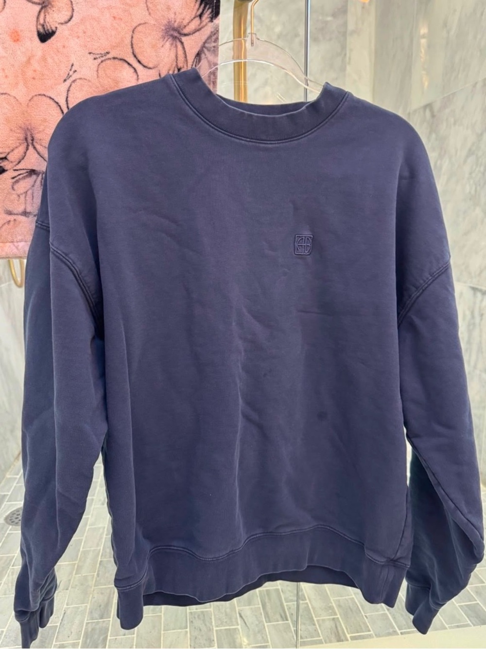 Anine Bing Navy Blue Embroidered Logo Crewneck